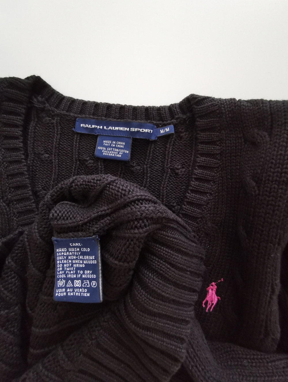 Ralph Lauren Sport 100% Cotton Black Cable-Knit V-Neck Sweater Pink Pony Logo - Picture 3 of 5